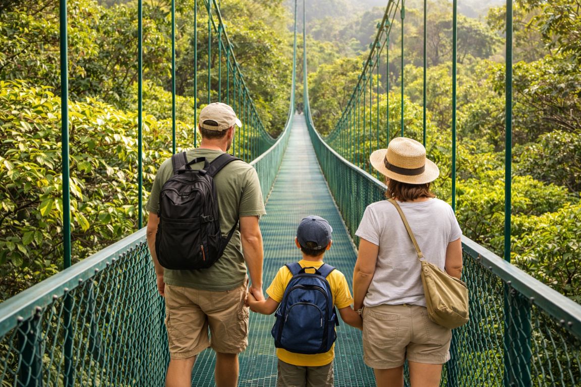 Family adventure in Monteverde Cloud Forest crossing suspension bridge during a Monteverde Cloud Forest Tours excursion