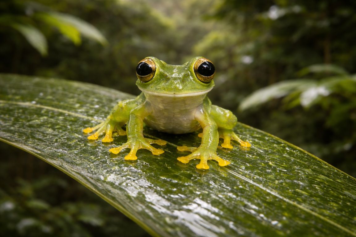 Glass frog sitting on a leaf in Monteverde Cloud Forest during a guided wildlife tour with Monteverde Cloud Forest Tours