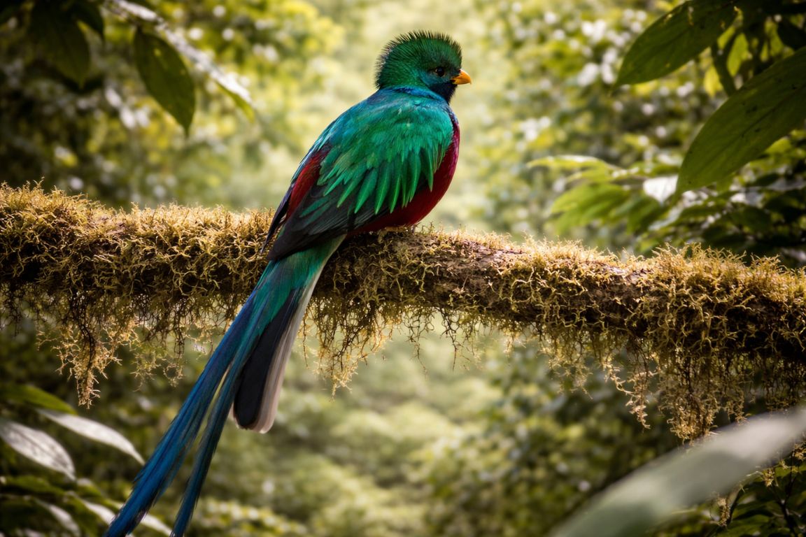 Resplendent quetzal resting on a forest branch surrounded by jungle in Monteverde during a Monteverde Cloud Forest Tours excursion