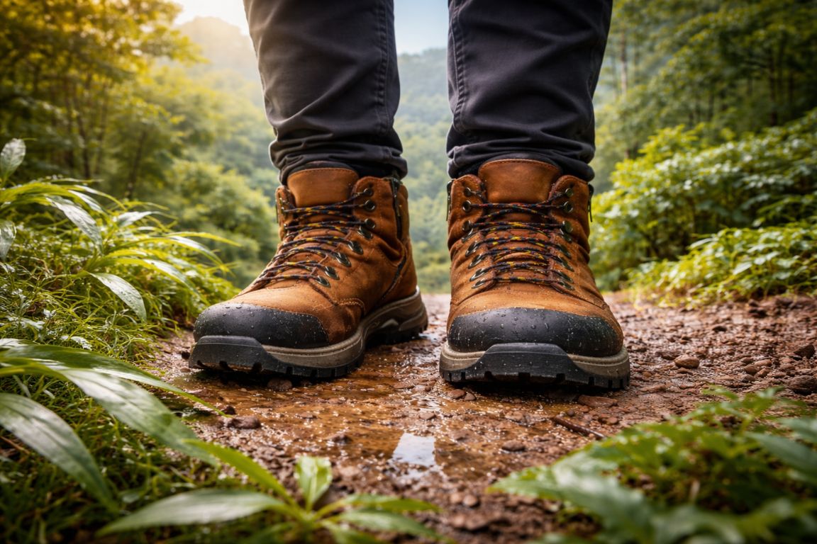 Close-up of waterproof hiking shoes walking through wet jungle path during a Monteverde Cloud Forest Tours experience