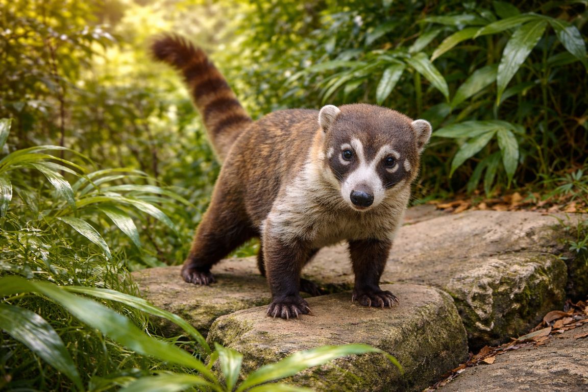 White-nosed coati walking through tropical rainforest in Monteverde during a Monteverde Cloud Forest Tours excursion