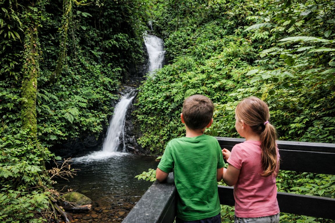 Children watching a waterfall in Monteverde Cloud Forest during a family tour with Monteverde Cloud Forest Tours